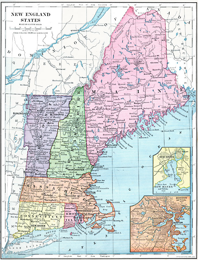 Map Of New England States New England States, 1899 Site Map New England States, 1899 New England  States Title: New England States Projection: Unknown, Source Bounding  Coordinates: W: -74 E: -67 N: 47 S: 41 Main Map Page Zoomify Version B/W  Pdf Version Color Pdf ...