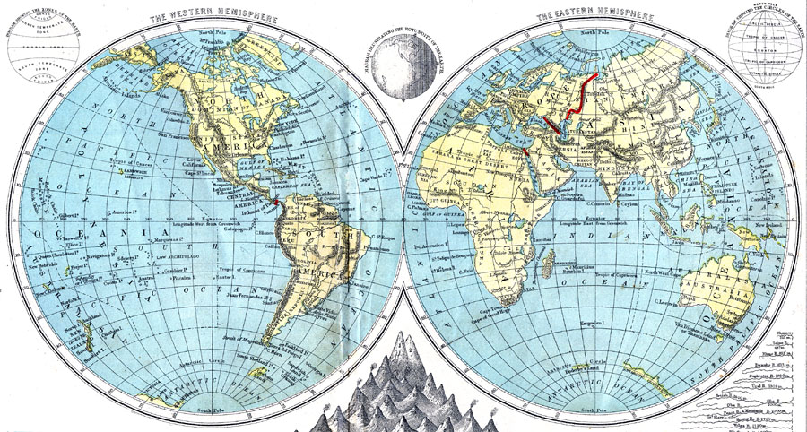 Карта полушарий с координатами широты и долготы