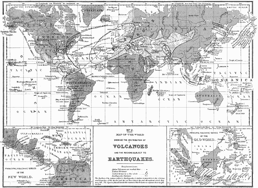 Distribution of Volcanoes and the Regions subject to Earthquakes