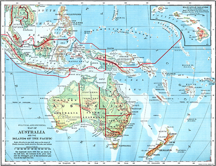 Political and Physical Map of Australia and the Islands of the Pacific