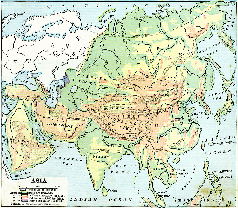 physical map of asia with rivers mountains and deserts