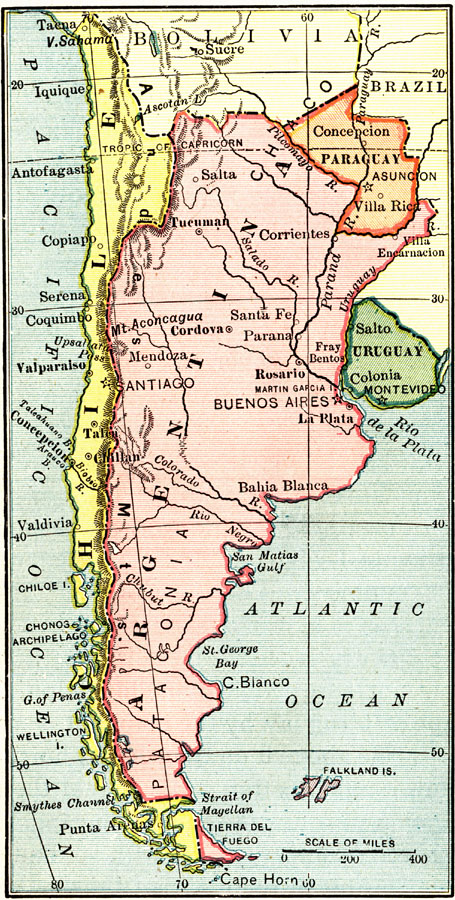 Mapa de Chile, Argentina, Uruguay, Paraguay y Brasil.
