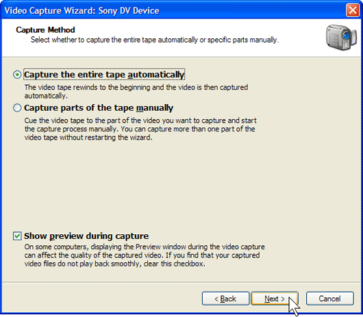 Video Capture Wizard: Capture Method