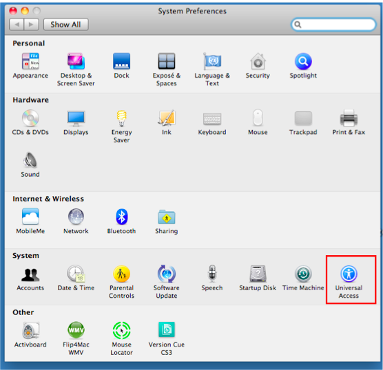 System Preferences window with Universal Access highlighted.