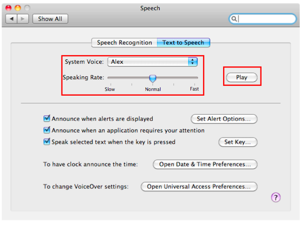Text to Speech Pane with Voice Settings section and Play button highlighted.