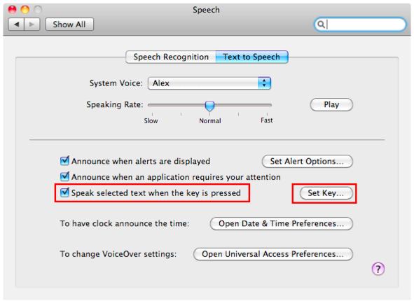 Speak selected items when key is pressed option and Set Key button highlighted in Text to Speech pane.