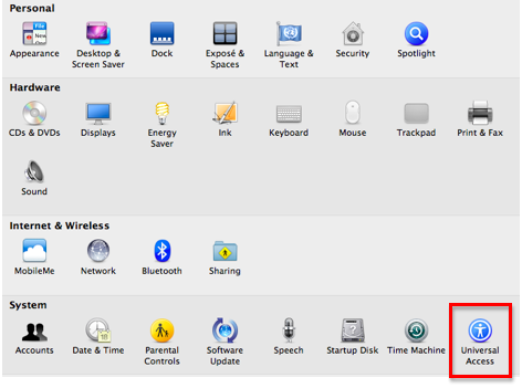 System Preferences window with Universal Access highlighted.