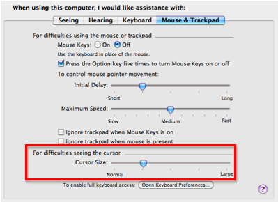 Mouse and Trackpad pane with cursor size slider highlighted.