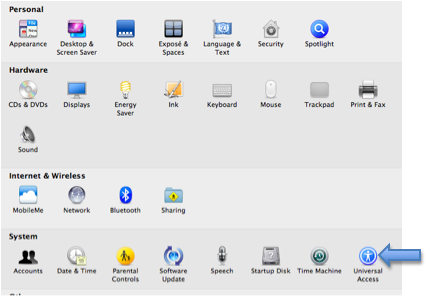 System Preferences window with Universal Access highlighted.