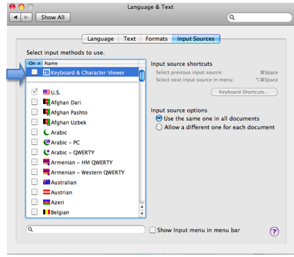 Input Sources pane with Keyboard and Character Viewer selected on left side of pane.