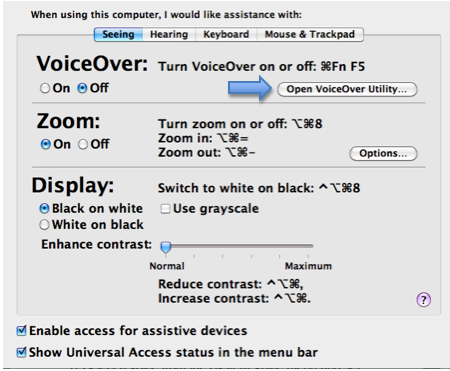 Seeing pane of Universal Access window with VoiceOver Utility button highlighted.