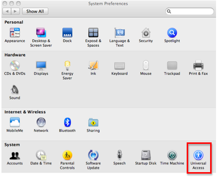 System Preferences window with Universal Access highlighted.