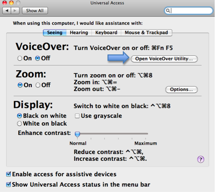 Seeing pane of Universal Access window with VoiceOver Utility button highlighted.