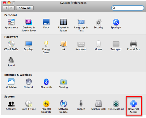 System Preferences window with Universal Access highlighted.