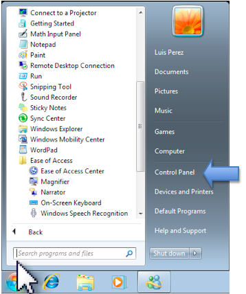 Control panel link in Start Menu.