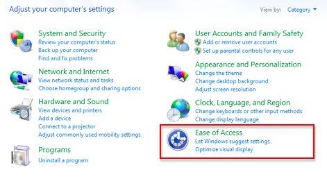 Ease of Access option selected in Control Panel.