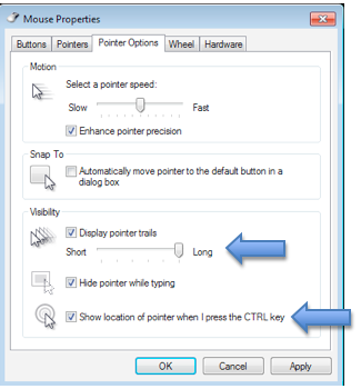 Mouse properties window with Pointer options pane selected.