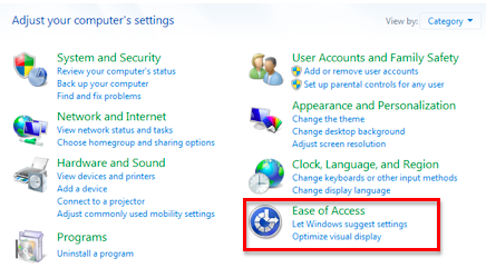 Control Panel window with Ease of Access highlighted