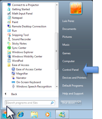 Start Menu with Control Panel link highlighted