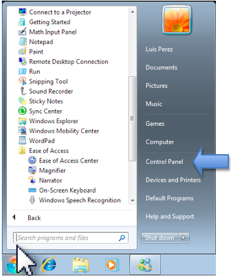 Start Menu with Control Panel link highlighted
