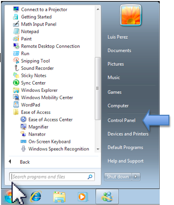 Start Menu with Control Panel link highlighted