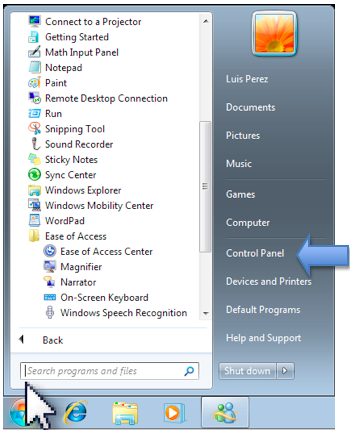 Start Menu with Control Panel link highlighted