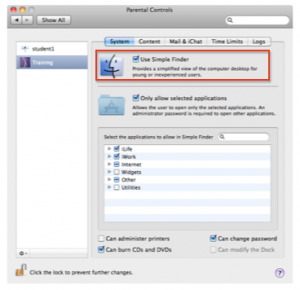 Parental controls window with Enable Simple Finder selected.