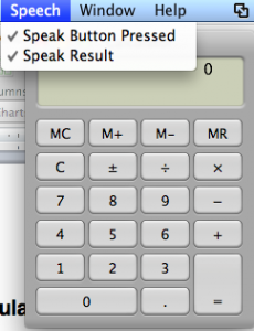 Mac OS X Calculator's Speech menu options: Speak Button Pressed and Speak Result.