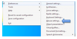 NVDA Preferences contextual menu: Mouse settings selected.