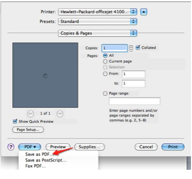 Choose PDF, Save As PDF in Print Options window.