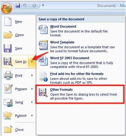 Save As, Other Formats selected from Office menu.