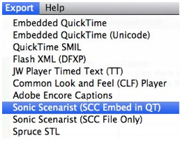 Sonic Scenarist (SCC) QT Embed option in Export menu.