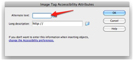 Image tag accessibility attributes window pops up when you insert an image.