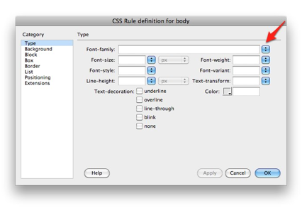 CSS rule definition window.