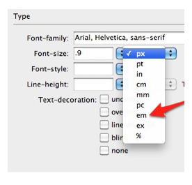 Units of measurement menu for Font-size property.