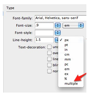 Units of measurement menu for line-height property.