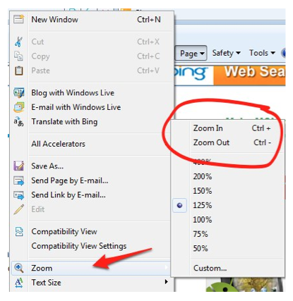 Zoom options found under Page, Zoom in Internet Explorer 8.