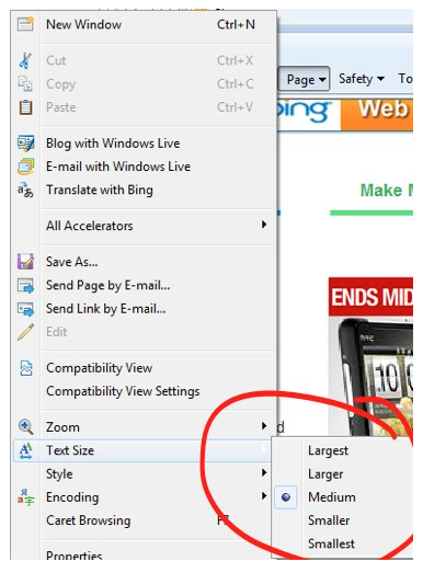 Text size options found under Page, Text size in internet Explorer 8.