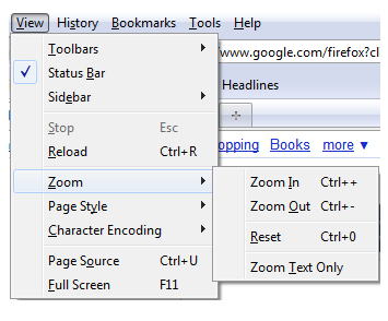 Zoom options found under View, Zoom menu in Firefox for Windows.