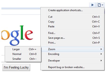 Zoom options found under Page options, Zoom in Google Chrome for Windows.