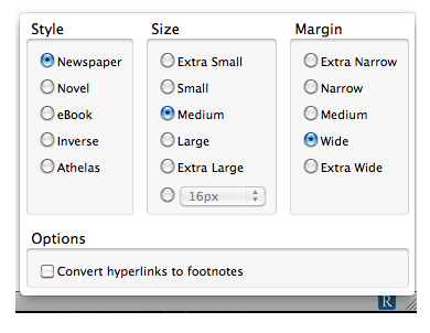 Readability options window.