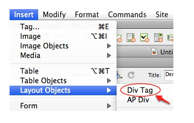 Layout Objects, Div Tag selected in Dreamweaver Insert menu.