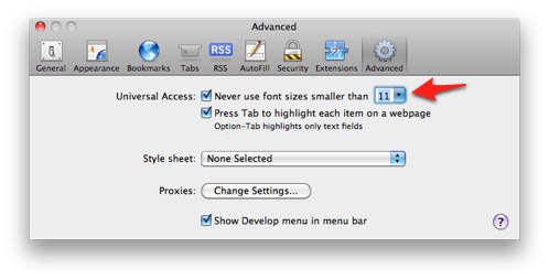 Advanced pane of Safari preferences with Minimum text size option highlighted.