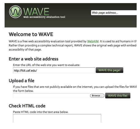 WAVE Options for checking a site: Enter a website address, Upload a file, Check a section of code.