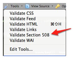 Web Developer Toolbar, Tools menu with Validate Section 508 selected.