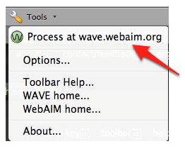 WAVE Toolbar, Tools menu with Process at wave.webaim.org selected.