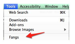 Firefox Tools menu, Fangs selected.