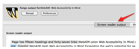 Fangs screen reader output tab.