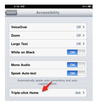 Triple-click Home option found under General, Accessibility in Settings app.