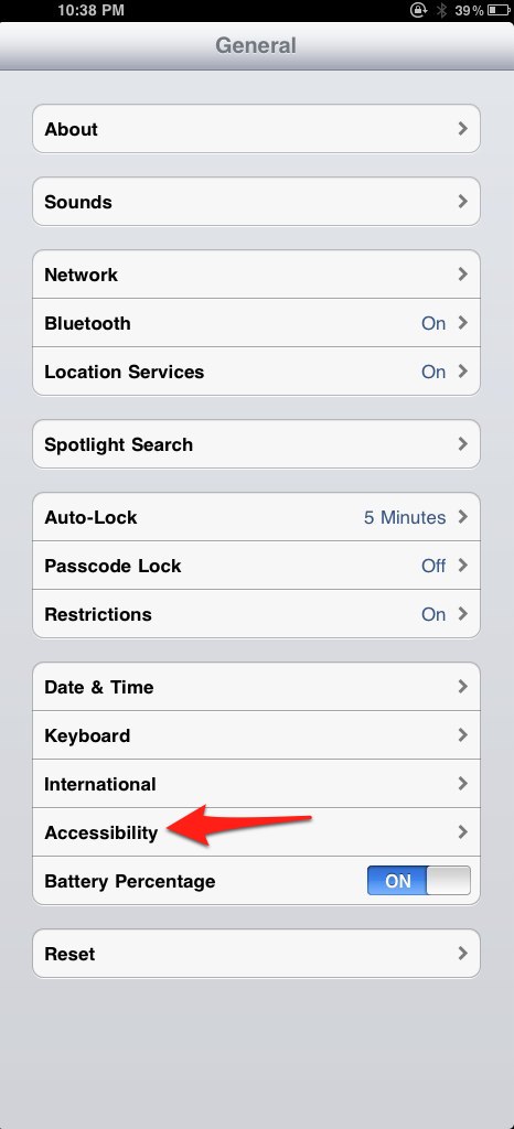 Settings app: General, Accessibility.